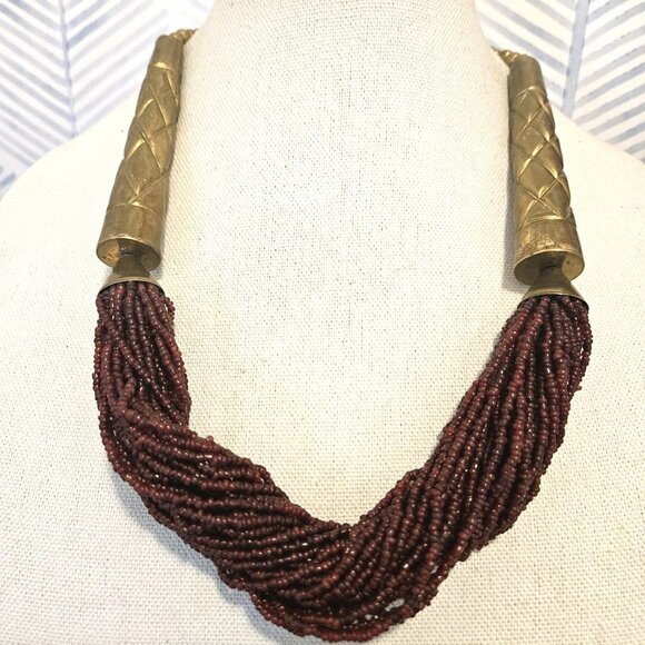 Burgundy Red Glass Seed Bead Multi-strand Twist Necklace Gold Tone Hook Clasp - Picture 2 of 4